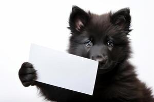 ai generato adorabile schipperke cane con zampe avvolto in giro un' vuoto cartello modello, Perfetto per aggiungendo costume testo foto