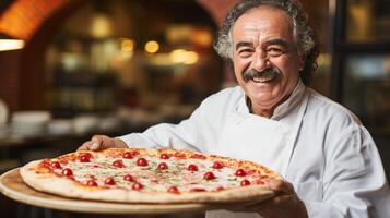 ai generato sorridente maturo uomo preparazione gustoso Pizza nel accogliente italiano ristorante mattone forno con spazio per testo foto