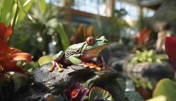 ai generato dagli occhi rossi raganella nel naturale habitat con copia spazio, tropicale foresta pluviale natura fotografia foto