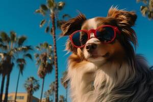 ai generato adorabile canino con elegante occhiali da sole rilassante su un' tropicale vacanza, vuoto spazio per testo foto