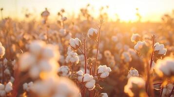 ai generato panoramico biologico cotone azienda agricola a raccogliere volta, con un' moltitudine di bellissimo bianca bolle foto