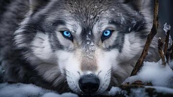 ai generato avvicinamento di un' maestoso lupo guardando con travolgente leggero blu occhi a il telecamera foto