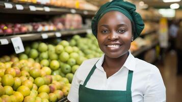 ai generato sorridente nero femmina produrre sezione lavoratore a il supermercato in posa felicemente per il telecamera foto