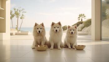 ai generato tre bello Samoiedo razza cani in piedi a fianco un' ciotola pieno con loro cibo foto