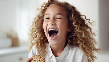 ai generato ragazza mangiare un' biscotto nel cucina con copia spazio su sfocato sfondo, contento espressione foto
