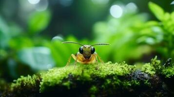ai generato avvicinamento di formica su sfocato sfocato naturale sfondo con ampio copia spazio per testo foto