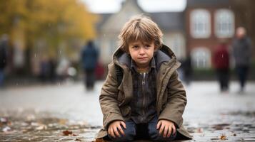 ai generato triste avvilito pianto bambino ragazzo seduta su cortile della scuola pavimento con sfocato sfondo foto