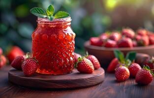 ai generato fragola marmellata nel bicchiere vaso e fresco fragole su di legno tavolo foto