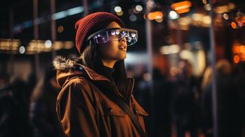 ai generato asiatico donna sperimentare Augmented la realtà con ar bicchieri e misto la realtà cuffia foto