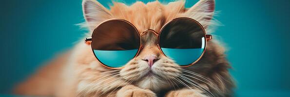 ai generato freddo gatto nel occhiali da sole bandiera per estate vacanza concetto su blu sfondo con spazio per testo foto