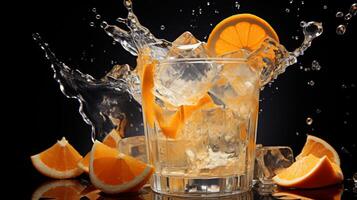 ai generato surreale tazza con arancia succo e visibile ghiaccio cubi per bevanda concetto foto