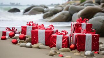 ai generato Natale regalo su il sabbioso spiaggia. festivo vacanze celebrazione a mare tropicale destinazione foto