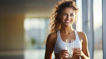 ai generato attivo donna nel sportivo abbigliamento potabile acqua su sfocato bianca fondale con spazio per testo foto