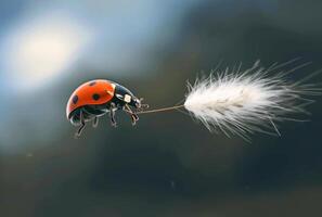 ai generato coccinella e dente di leone. un' coccinella è volante su il vento foto