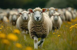 ai generato pecora in esecuzione nel campo con altro pecora nel il sfondo. molti pecora a piedi nel un' erboso campo foto