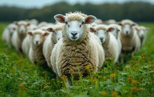 ai generato grande mandria di pecore. un' pecora mandria su erboso sfondo foto