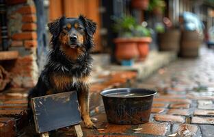 ai generato cane è seduta su di legno tavola con ciotola e cartello foto