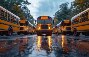 ai generato scuola autobus parcheggiata nel riga. riga di parcheggiata scuola autobus pronto per raccogliere su studenti foto