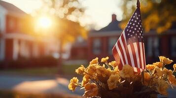 ai generato patriottico Casa ornato con americano bandiere e festivo indipendenza giorno decorazioni nel il Stati Uniti d'America foto