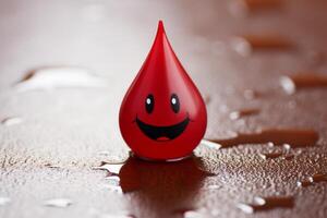 ai generato sorridente sangue far cadere. concetto per sangue donazione e emofilia consapevolezza campagna, Salva un' vita foto