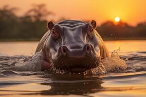 ai generato ippopotamo guadare attraverso fiume con sole ambientazione nel safari, africano natura e natura scenario foto