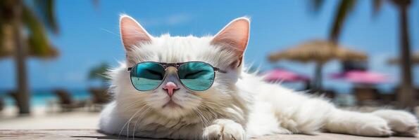 ai generato adorabile gatto indossare elegante occhiali da sole godendo un' rilassante spiaggia vacanza con ampio spazio per testo foto