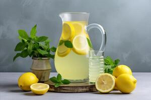 ai generato rinfrescante limonata brocca con fresco frutti di bosco e affettato limoni - estate bevanda per caldo giorni e parti foto