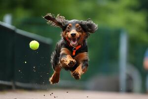 ai generato giocoso cane impegna nel palla Giochi sotto il sole, la creazione di divertente momenti nel il all'aperto foto