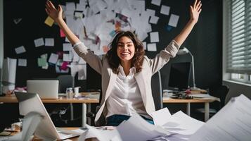 ai generato donna nel ufficio e raccolta sua braccia felicemente. foto