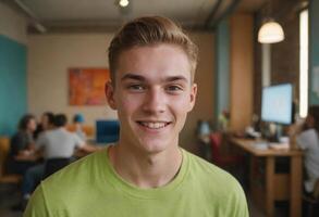 ai generato un' giovane uomo nel un' verde camicia sorrisi nel un' moderno ufficio. foto