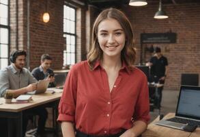 ai generato un' sorridente donna nel un' rosso camicia sta nel un' coworking spazio con colleghi nel il sfondo. lei trasuda fiducia e avvicinabilità. foto