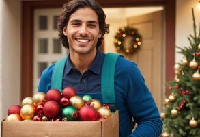 ai generato un' allegro uomo trasporta un' cestino di colorato Natale ornamenti, pronto per vacanza decorare. foto