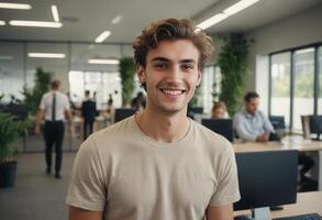 ai generato un' sorridente professionale nel un' abbronzatura camicia sta nel il ufficio. il suo coinvolgente comportamento e rilassato stile suggerire un' amichevole e creativo opera ambiente. foto