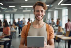 ai generato contento uomo nel verde camicia utilizzando il computer portatile nel bar. casuale e ottimista a distanza opera ambientazione. foto