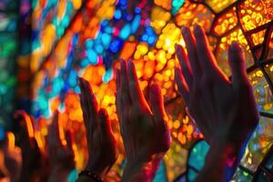 ai generato un' gruppo di persone siamo preghiere nel davanti di un' colorato macchiato bicchiere finestra foto
