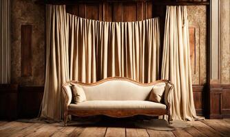 ai generato interno di un' rustico camera con un' beige divano e tende. ai generativo foto