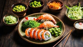 ai generato Sushi rotoli con wasabi e soia salsa su un' piatto. ai generativo foto