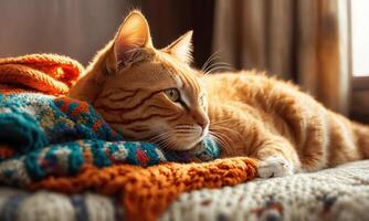 ai generato carino Zenzero gatto dire bugie su il letto con un' caldo lenzuolo. ai generativo foto