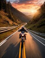 ai generato motociclista equitazione un' motociclo su un' nazione strada a tramonto. ai generativo foto