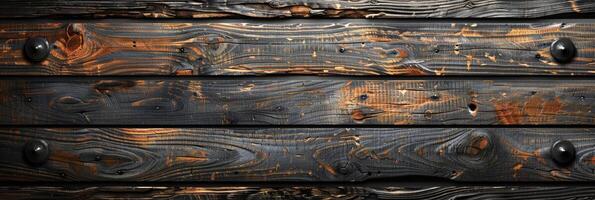 ai generato strutturato sfondo fatto di vecchio buio Marrone di legno tavole. Vintage ▾ di legno sfondo. il quercia parete di il fienile. un' bandiera con un' posto per il testo foto