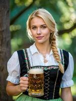 ai generato giovane donna nel tradizionale bavarese capi di abbigliamento - dirndl o Tracht con Tenere un' bicchiere di birra foto