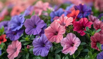 ai generato petunia fiori nel un' giardino. rosa e viola fiori fioritura durante estate tempo nel natura. petunia fiore foto