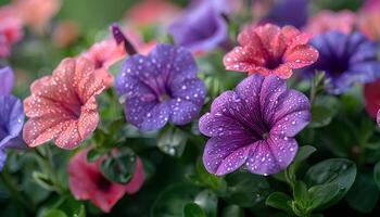 ai generato petunia fiori nel un' giardino. rosa e viola fiori fioritura durante estate tempo nel natura. petunia fiore foto