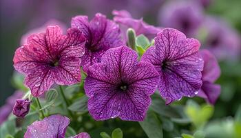 ai generato petunia fiori nel un' giardino. rosa e viola fiori fioritura durante estate tempo nel natura. petunia fiore foto