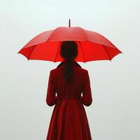 ai generato ragazza con rosso ombrello su bianca sfondo con sua indietro trasformato per il telecamera. donna Tenere ombrello nel davanti di un' sfondo. persona sotto ombrello foto