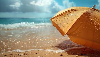 ai generato parasole su il spiaggia durante estate. parasole per ombra protezione su un' soleggiato spiaggia nel un' tropicale destinazione con onde Crashing il spiaggia. tropicale destinazione foto
