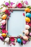 ai generato multicolore Pasqua uova telaio con primavera fiori - Pasqua carta con un' spazio per testo. rustico Pasqua sfondo foto