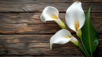 ai generato vaso con bianca fiori su di legno tavolo foto