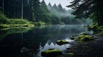 ai generato tranquillo, calmo lago e foresta nel mistico ambiente foto