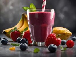 ai generato colorato e salutare bacca frullati, frullati, cocktail con Yogurt, fresco frutta, e frutti di bosco su un' nero sfondo. selettivo messa a fuoco. ai generato foto